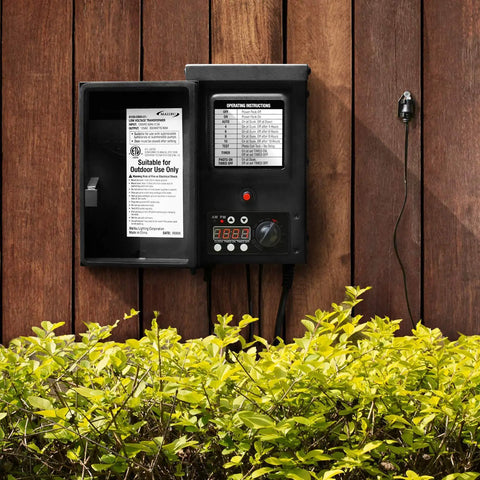 300 Watt Outdoor Landscape Lighting Transformer With Sensor And Weather Shield For Low Voltage Systems mounted on wood panel