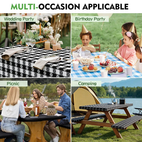 Multi-occasion uses of All Weather No Fuss Picnic Table Cover Set with Fitted 6 Foot Bench Covers Waterproof Tablecloth in outdoor settings