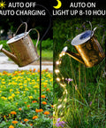 Sun Powered Watering Can Lights For Garden With Cascading LED Pouring Water Effect on metal craft in flower garden
