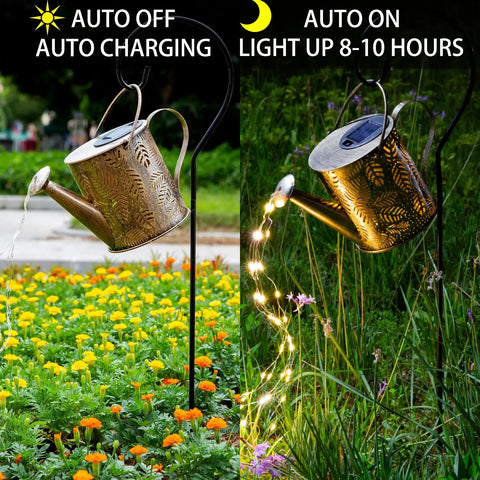 Sun Powered Watering Can Lights For Garden With Cascading LED Pouring Water Effect on metal craft in flower garden
