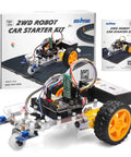 Box and contents of 2WD Arduino Robotic Car Starter Kit For Beginners And Adults Hands On Smart Educational Robotics Set To Build Code