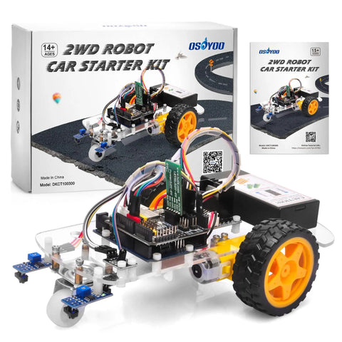 Box and contents of 2WD Arduino Robotic Car Starter Kit For Beginners And Adults Hands On Smart Educational Robotics Set To Build Code