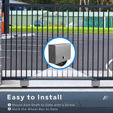 Built Like A Tank 6 Inch By 2 Inch Cast Iron V Groove Sliding Gate Wheels With Welded Bracket Box, installed on a gate