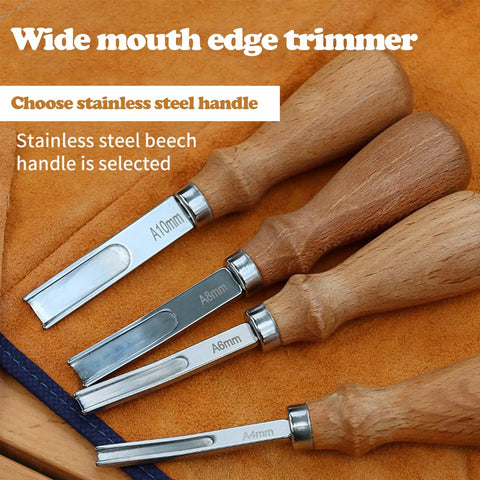 Pro Grade Leather Edge Trimming Bevel Tool Set Four Piece with stainless steel and beech wood handles, sizes 4mm-10mm
