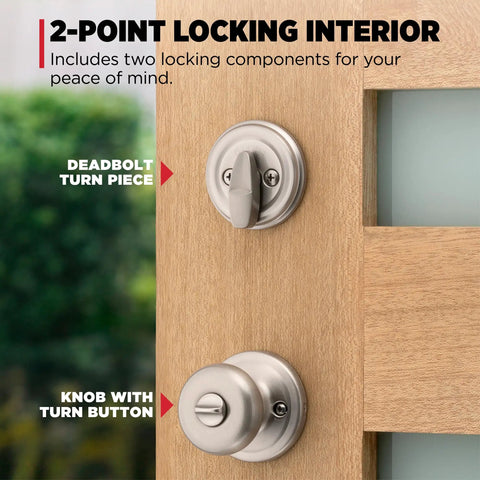 Close-up of Satin Nickel Front Door Lock Set With Deadbolt And Handleset Satin Nickel Exterior Entry Lock With Interior Doorknob