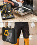 218 Piece Home Tool Kit With General Household Hand Tools Set Including Screwdrivers, Wrenches, displayed near a dishwasher.