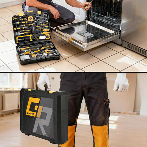 218 Piece Home Tool Kit With General Household Hand Tools Set Including Screwdrivers, Wrenches, displayed near a dishwasher.