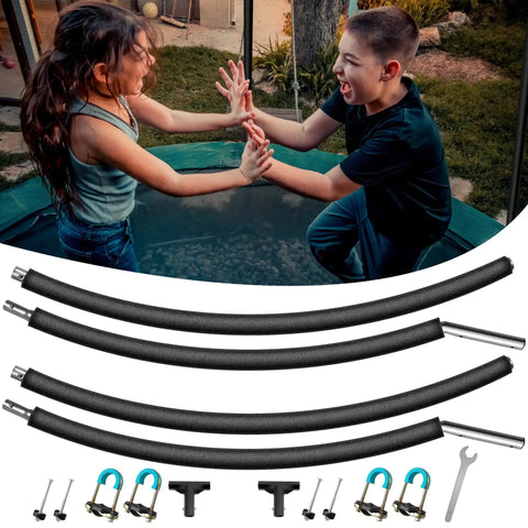Badass Trampoline Replacement Poles For 8 To 16 Ft Backyard Jumpers shown with two kids playing on trampoline.