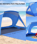 Portable Beach Sun Shelter For Families And Groups, Grab And Go Easy Setup Cabana Tent With UPF 50 Plus UV Protection, shown on beach with child