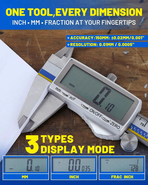 6 Inch Digital Caliper With USB C Charging Stainless Steel Measuring Tool with LCD screen showing measurement modes