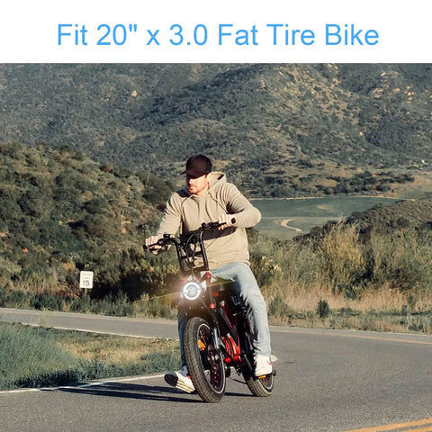 Cyclist riding on a 20 inch electric fat bike, ideal for use with 2 Pack 20x3 Fat Tire Bike Inner Tubes With Schrader Valve Premium Butyl Rubber.