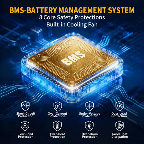 BMS-BATTERY MANAGEMENT SYSTEM with 8 safety protections and built-in cooling fan for improved battery performance.