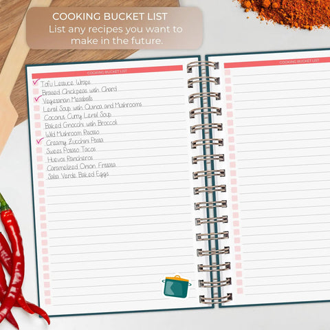 Open Blank Recipe Journal Spiral Organizer For Your Own Family Cookbook Hardcover, medium 6.3x8.3 inches, writing page visible.