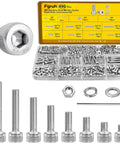 Top Shelf M4 Hex Socket Screw Assortment Kit With 490 Metric Sizes From Six To Thirty Millimeters showing stainless steel screws and nuts.