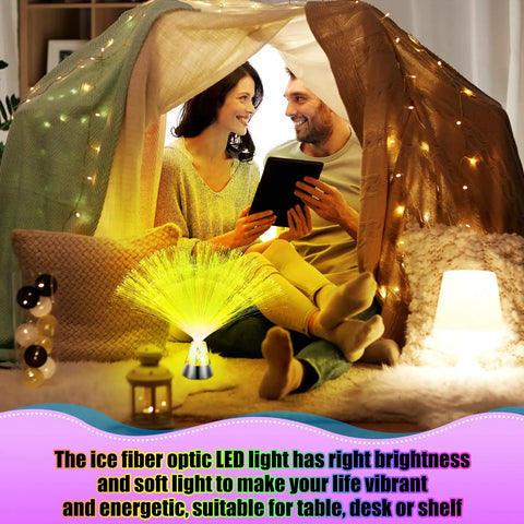 Couple sitting in cozy tent with Two Pack LED Fiber Optic Lamps With Remote Control, 13.5 Inch Multicolor Changing Fiber Optic Lights.