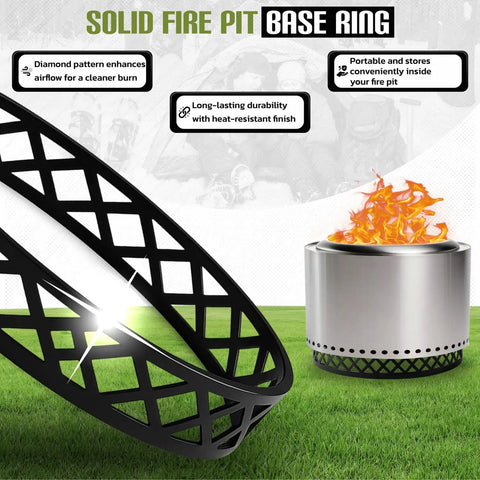 Smokeless Fire Pit Accessories Kit With 23-Inch Carbon Steel Base featuring diamond pattern for airflow and solid ring design