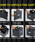 Instructions for unfolding folding utility cart with lid and basket on four 360 degree rotating wheels, black collapsible trolley.