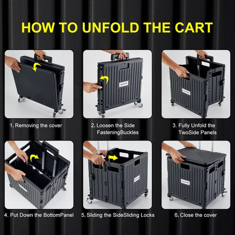 Instructions for unfolding folding utility cart with lid and basket on four 360 degree rotating wheels, black collapsible trolley.