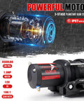 12V Electric Winch With Synthetic Rope 4500Lbs Wireless Towing Kit for ATV UTV Off Road in rain showcasing motor.