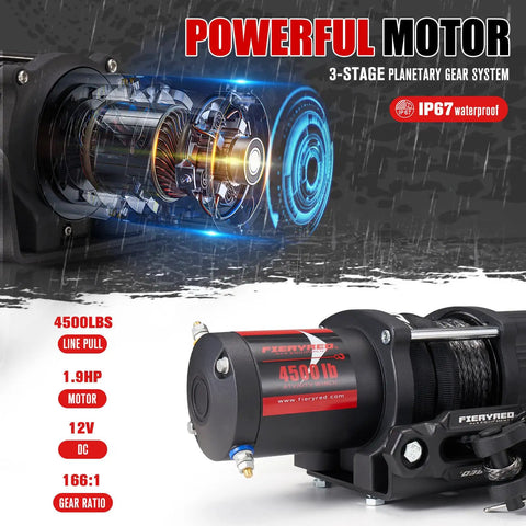 12V Electric Winch With Synthetic Rope 4500Lbs Wireless Towing Kit for ATV UTV Off Road in rain showcasing motor.