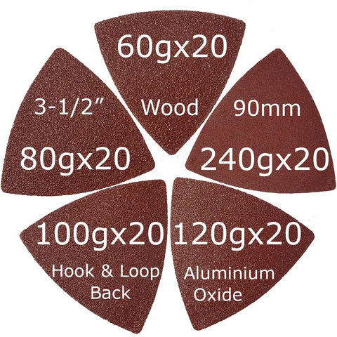Pro Grade Triangle Oscillating Multitool Sanding Pads Set, 90 mm 3-1/2 Inch, 100 Pcs Assorted Grit 60 80 100 120 240, Aluminum Oxide, Hook and Loop, Fits Triangle Pads For Wood Metal Plaster Polishing and Smoothing