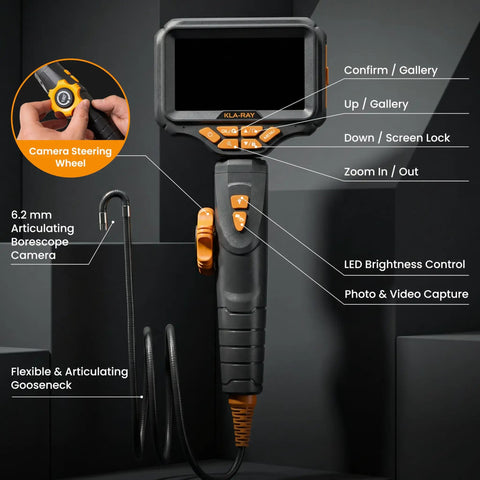 Rock Solid Two Way Articulating Borescope With Bright Led Lamp And Kickass Flexible Snake Cable For Gritty Under Car Engine Diagnostics showing 6.2mm camera and controls.