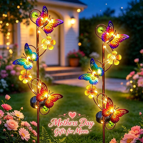 Solar Butterfly Garden Lights 2 Pack Outdoor Stake Decor With Waterproof Metal Butterflies And Flowers, LED String Lights