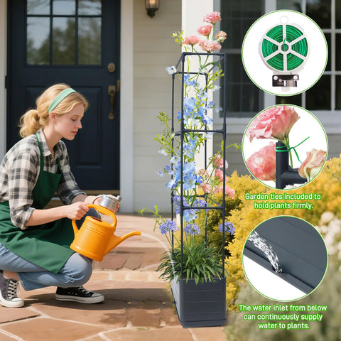 Woman using Two Pack Raised Garden Bed Tomato Planter Box With Trellis 43.4 Inch Self Watering Cage for climbing plants outdoors.