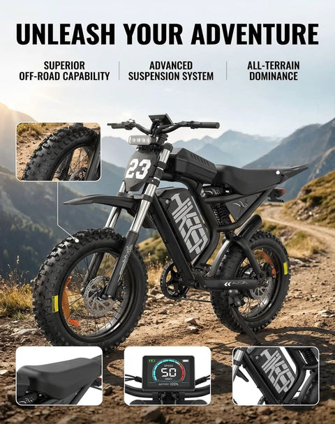 Beast Mode 3000W Electric Dirt Bike For Adults with 20 inch all-terrain fat tires displayed on a rugged mountain path.
