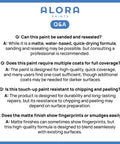 Q&A about benefits of Alora matte finish touch-up paint, including sanding, coverage, durability, and smudge resistance.