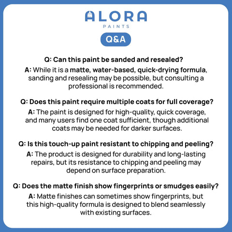 Q&A about benefits of Alora matte finish touch-up paint, including sanding, coverage, durability, and smudge resistance.