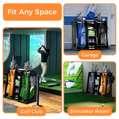 Wooden Golf Storage Organizer For Garage With Premium Bag Holder Rack in various settings including garage and simulator room.