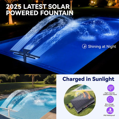 Pool Fountain With Lights For Above Ground And Inground Pools Dual Layer Spray Solar Powered Waterfall Sprinkler Chiller And Aerator Outdoor Swimming Pool Water Feature Accessory In Light Gray at night