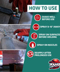 Instructions for using Anti Spatter Welding Spray 2 Pack, 12 Oz Each, Non Flammable, MIG And TIG Safe shown on product image.