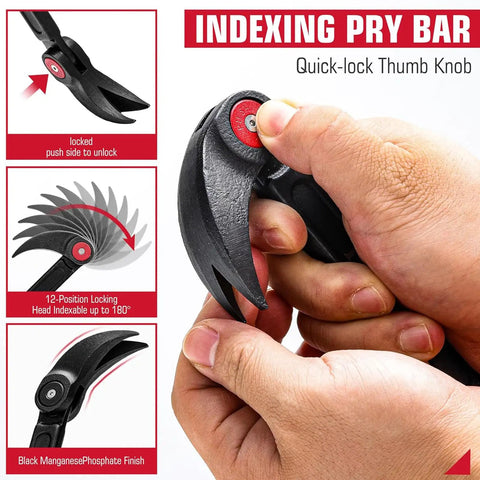 Heavy Duty 18 Inch Extendable Pry Bar Featuring Adjustable Indexing Leverage For Stubborn Tire Beads Quick Rim Cleaning Crafted From CRV Steel With Sure Grip For Every Auto Shop Grind, showcasing quick-lock knob and locking head.