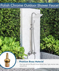 Wall Mount Outdoor Shower Kit With Chrome Rainfall Head And Handheld Spray in garden setting, rust resistant.