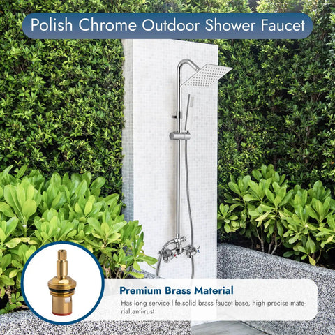 Wall Mount Outdoor Shower Kit With Chrome Rainfall Head And Handheld Spray in garden setting, rust resistant.