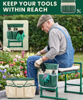 Beefy 500LB Capacity Garden Kneeler And Seat Two In One Garden Bench Foldable Stool with tools, elderly man seated among flowers.