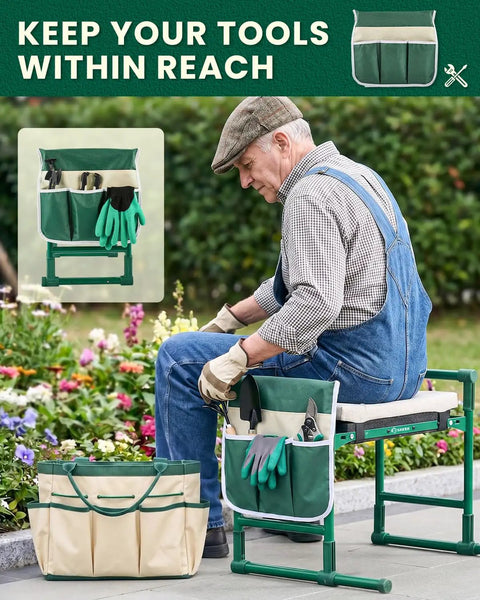 Beefy 500LB Capacity Garden Kneeler And Seat Two In One Garden Bench Foldable Stool with tools, elderly man seated among flowers.