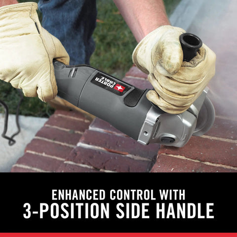Porter-Cable 4-1/2-inch angle grinder, 7.5-amp, gray handheld tool with side handle used on brickwork