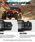 Heavy Duty 13500lbs Electric Winch With Wireless Remote 12V System And Stainless Steel Cable showing integrated clutch knob and controls.