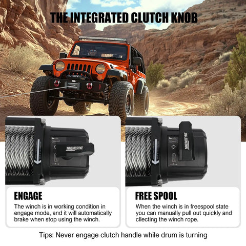 Heavy Duty 13500lbs Electric Winch With Wireless Remote 12V System And Stainless Steel Cable showing integrated clutch knob and controls.