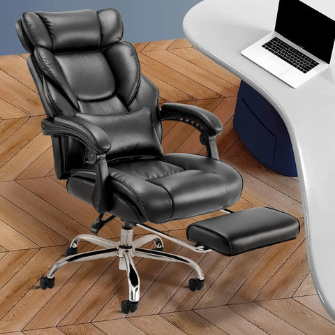 Ergonomic Office Chair With Retractable Footrest And Removable Lumbar Pillow For All Day Comfort High Back Boss Level Executive Computer Desk Chair For Home Office 90 To 135 Degree Recline Thick Bonded Leather Black next to desk