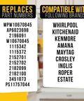 Text listing replacement part numbers and compatible brands for Ice Bucket Replacement Assembly For Freezer Tray Compatible With Whirlpool Kenmore Amana KitchenAid Maytag Ice Maker Ice Cube Container W10670845 3451073 PS11757044 Easy Fit Durable.