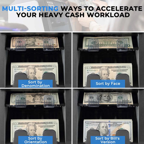 Mixed Denomination Money Counter With Two Pocket Design, Reject Pocket And Value Counting, Sorts By Denomination, Face, Orientation, Currency
