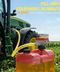 5 Gpm Cordless Fuel Transfer Pump With Auto Shut Off And Beep Alert, positioned beside a tractor for quick fuel transfer.