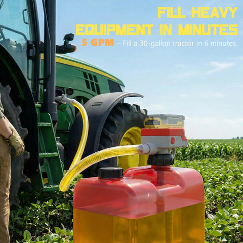5 Gpm Cordless Fuel Transfer Pump With Auto Shut Off And Beep Alert, positioned beside a tractor for quick fuel transfer.