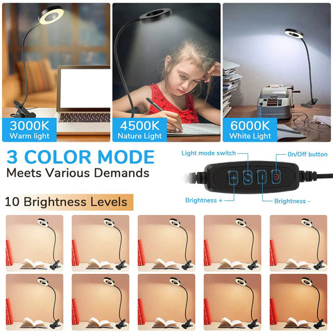Clip On Desk Light With 48 LEDs, Ultra Flexible Gooseneck, showing 3 color modes and 10 brightness levels with USB clamp.