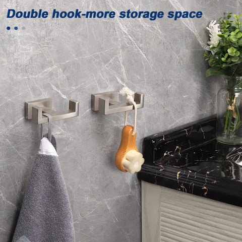 Double Towel Hook Set In Brushed Nickel Built Tough SUS304 Stainless Steel Wall Mounted Coat Hanger Rustproof 2-pack.