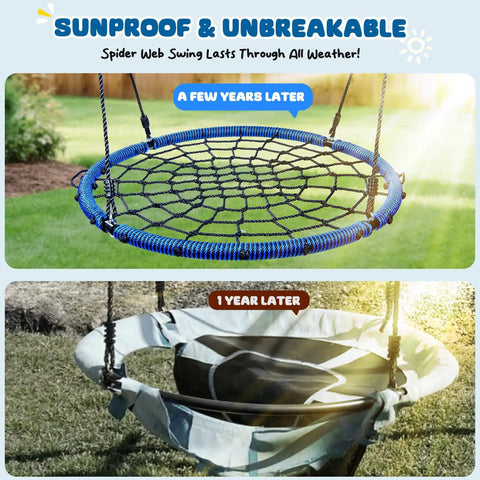 Heavy Duty 40 Inch Spider Web Saucer Tree Swing for Kids and Adults Outdoor Net Swing with Included Straps 750 Pound Capacity Blue Patented Design for Backyard Fun showing durability over time